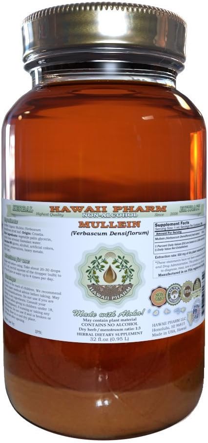 Υγρό εκχύλισμα χωρίς αλκοόλ, Βιολογικό Μαλλέιν (Verbascum densiflorum) Αποξηραμένο Λουλούδι Συμπλήρωμα Γλυκερίτη Φυσικό βοτανικό, Hawaii Pharm, ΗΠΑ 32 oz Unfiltered