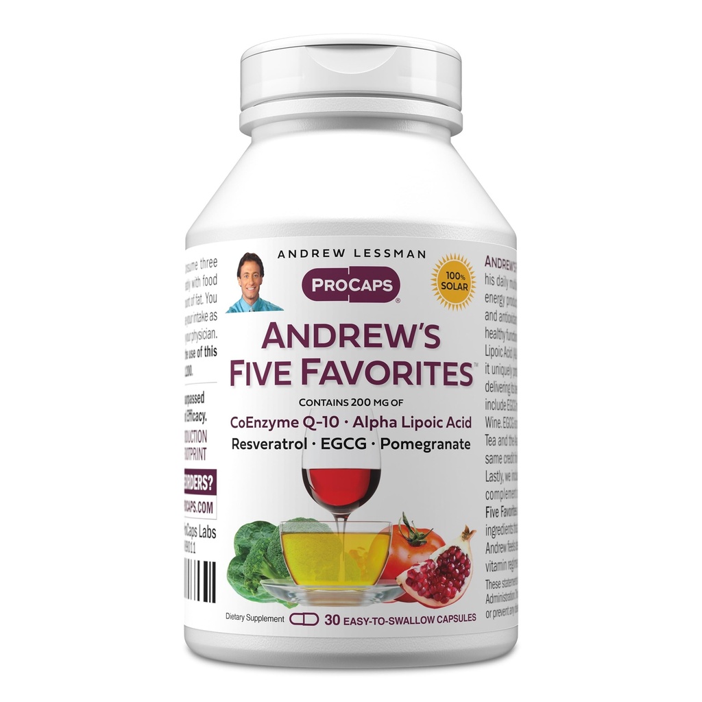 ANDREW LESSMAN Andrew's Five Favorites 30 Κάψουλες - Παρέχει 200mg κάθε ένα από Coenzyme Q-10, Resveratrol, EGCG, Ρόδι και άλφα Lipoic Acid, Ισχυρή Αντιοξειδωτική Υποστήριξη, Δεν Πρόσθετα