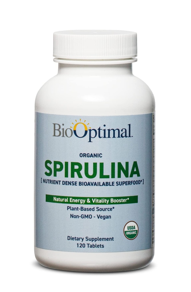 BioOptimal Organic Spirulina Tablets - Βιολογικά, Μη ΓΤΟ, Χωρίς Πρόσθετα ή Γέμισμα - 500mg Συμπλήρωμα Διατροφής Ποιότητας Premium με Βιταμίνες, Ορυκτά, & Αντιοξειδωτικά (120 Tablets)