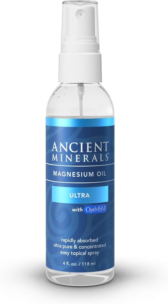 Ancient Minerals Ultra Magnesium Oil Spray με MSM - ένα Pure Zechstein Topic Magnesium Chloride με τα πρόσθετα οφέλη του OptiMSM (4oz)