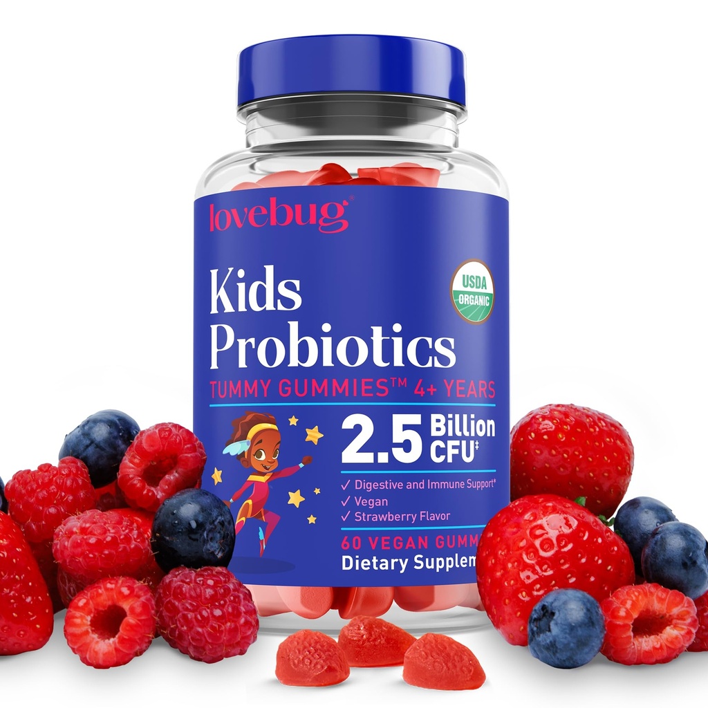 LOVEBUG Παιδικά προβιοτικά Gummies – Βιολογικά μασώμενα προβιοτικά για παιδιά ηλικίας 4+, Προβιοτικά για παιδιά με βάση το έδαφος για την υγεία των ούρων, δυσπεψία, δυσπεψία και ανοσοποιητική υποστήριξη, Vegan, 60 μάσημα, φράουλα