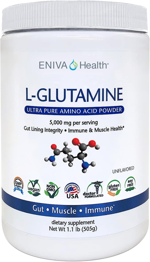 Eniva Health L-Glutamine Pure Powder, Unflavored (101 Servings) | Vegan, Gluten-Free, Sugar-Free, Non-GMO | Doctor-Formulated, USA Made | Gut Health, Leaky Gut, Bloating, Muscle Health, Immune System