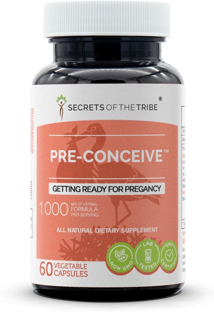 Secrets of the Tribe Pre-Conceive, 60 Capsules, 1000 mg, Vitex, Red Raspberry, Black Cohosh, Red Clover, White Peony, Shatavari. Getting Ready for Pregancy 60 Capsules