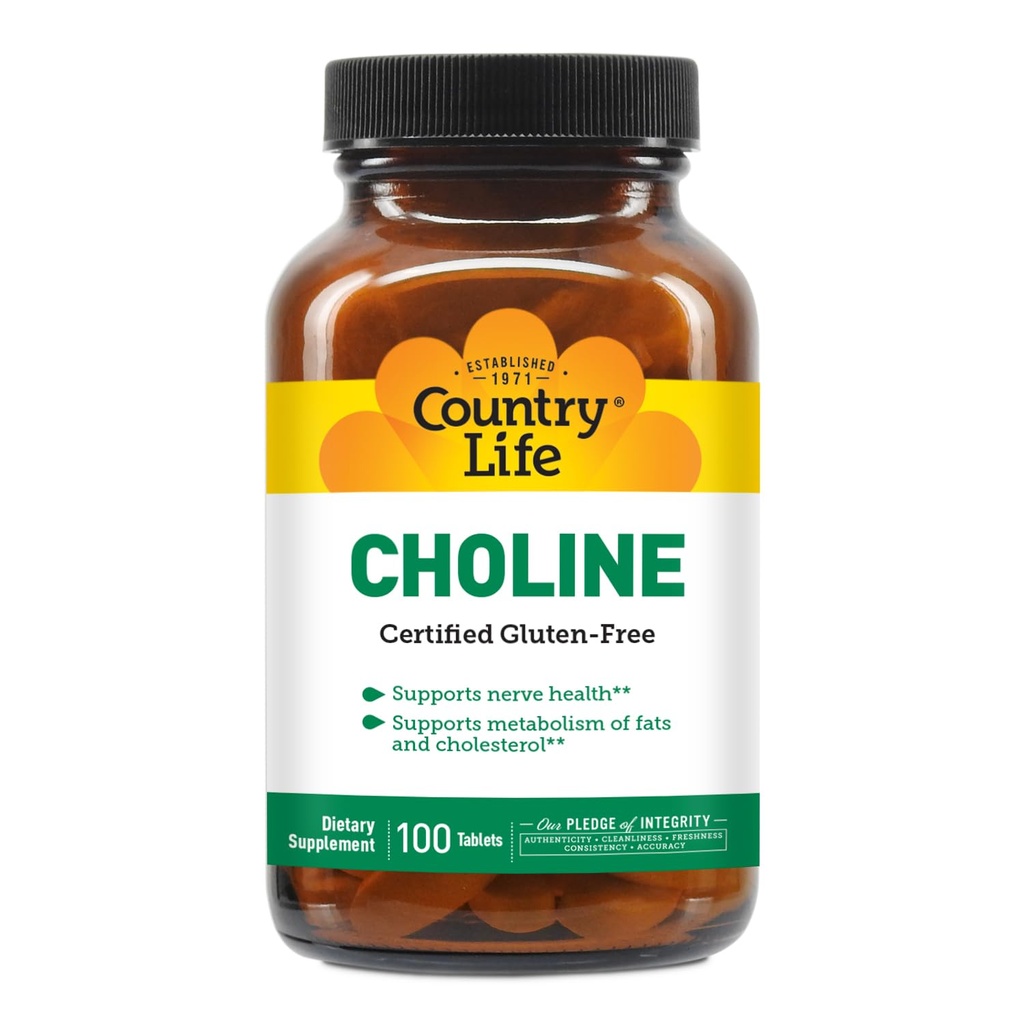 Country Life Choline 266mg, Certified Gluten Free, Vegan, Halal - 100 Tablets