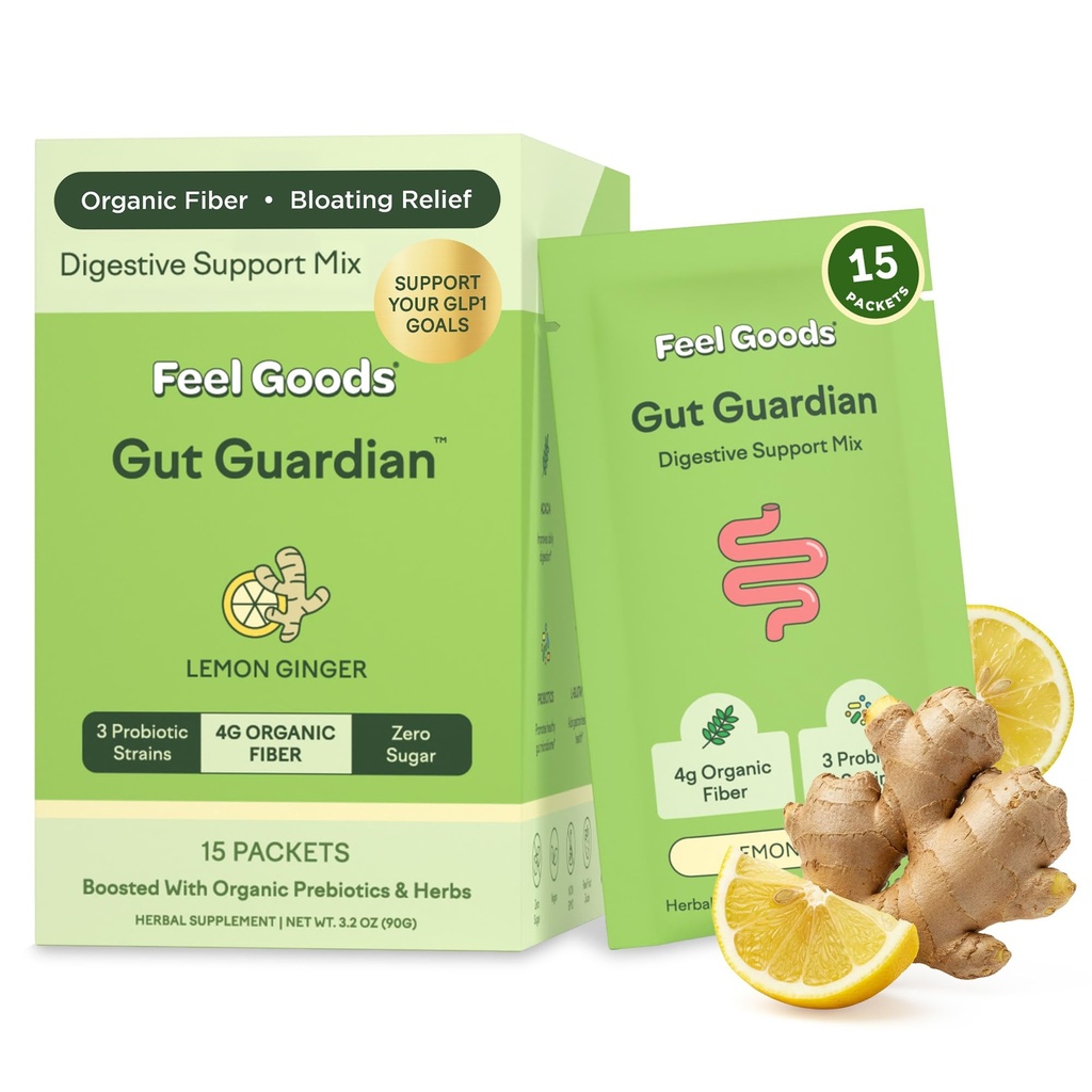 Feel Goods Gut Guardian, Gut Health Powder Packets - Probiotic Fiber with Prebiotics & L Glutamine for Digestive Health, Bloating Relief & Digestion Support, Gut Cleanse - Zero Sugar & Organic Flavor