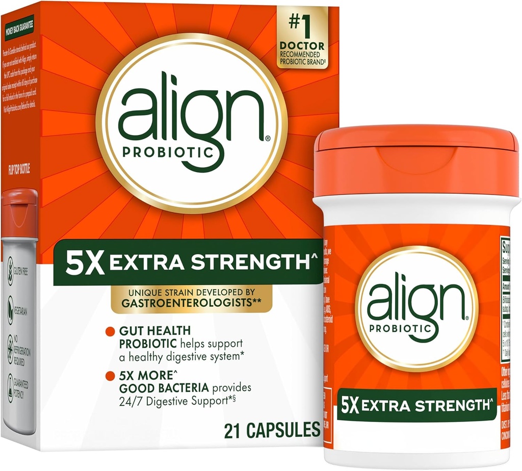Align Probiotic Extra Strength, Probiotics for Women and Men, #1 Doctor Recommended Brand‡, 5X More Good Bacteria^ to Help Support a Healthy Digestive System*, 21 Capsules (Packaging May Vary)