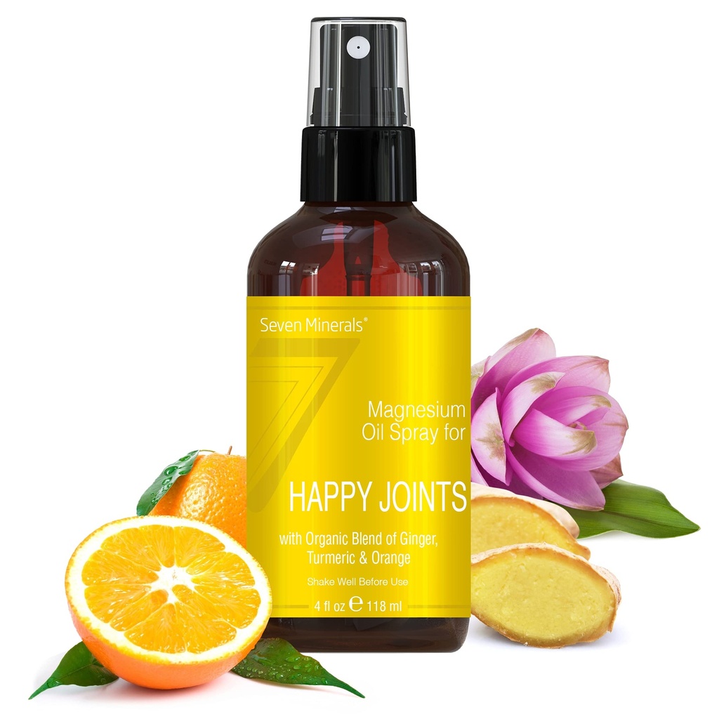 Επτά Ορυκτά, Μαγνήσιο Happy Joints Spray - Ισχυρό λάδι μαγνησίου ΗΠΑ Κατασκευασμένο με αιθέρια έλαια (Τουρμερικό, Τζίντζερ και Πορτοκαλί) - Δωρεάν Ebook Περιλαμβάνεται (4 fl oz)