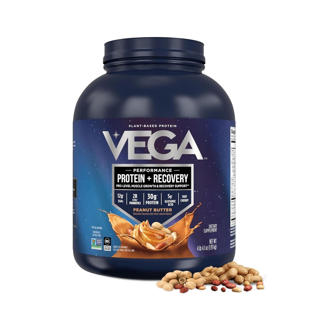 Vega Sport Vegan Protein Powder + Recovery - 30g φυτικής πρωτεΐνης ανά υπηρεσία, φυστικοβούτυρο, 45 σερβιέτες, 5g BCAAs, Προβιοτικά, NSF Certified, για Shakes & Smoothies, 4.2lbs (Packaging May Vary)