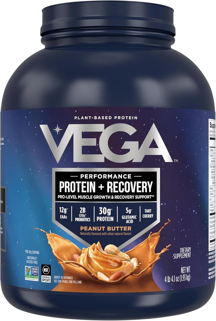 Vega Sport Vegan Protein Powder + Recovery - 30g φυτικής πρωτεΐνης ανά υπηρεσία, φυστικοβούτυρο, 45 σερβιέτες, 5g BCAAs, Προβιοτικά, NSF Certified, για Shakes & Smoothies, 4.2lbs (Packaging May Vary)