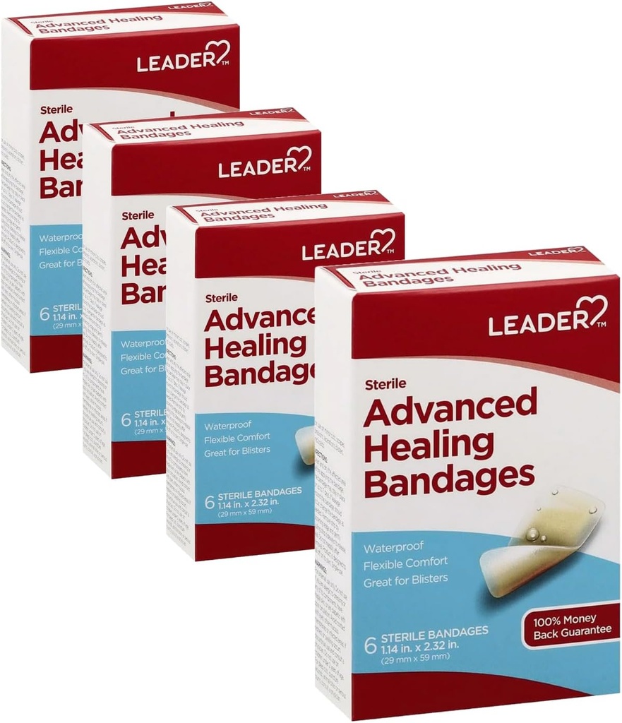 Leader Adhesive Bandages Advanced Healing, Large One Size, 6 Count - Waterproof and Flexible - 4 Pack