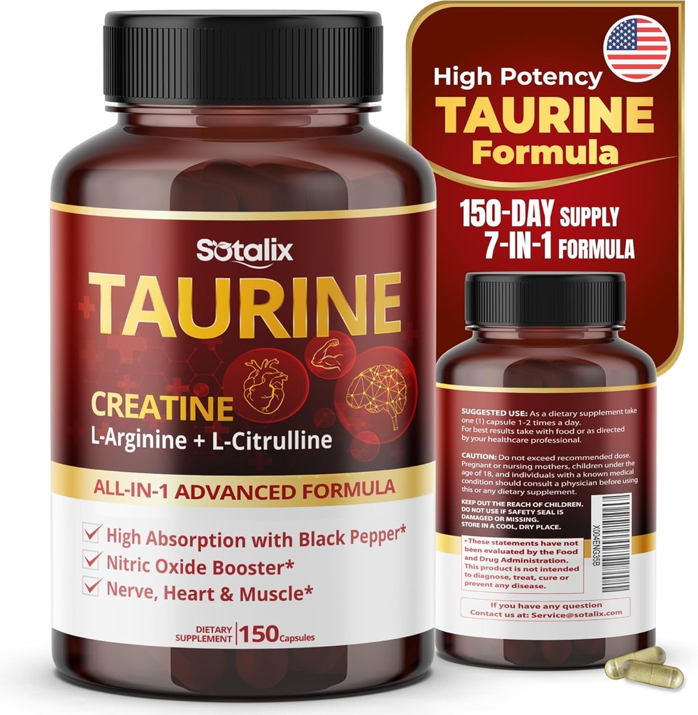 Ταυρίνη με Creatine, L-αργινίνη, L-Citrulline Υψηλή Απορρόφηση με Black Pepper Nitric Oxide Booster, Μύες ΗΠΑ Made & Tested (150 Count (Pack of 1))