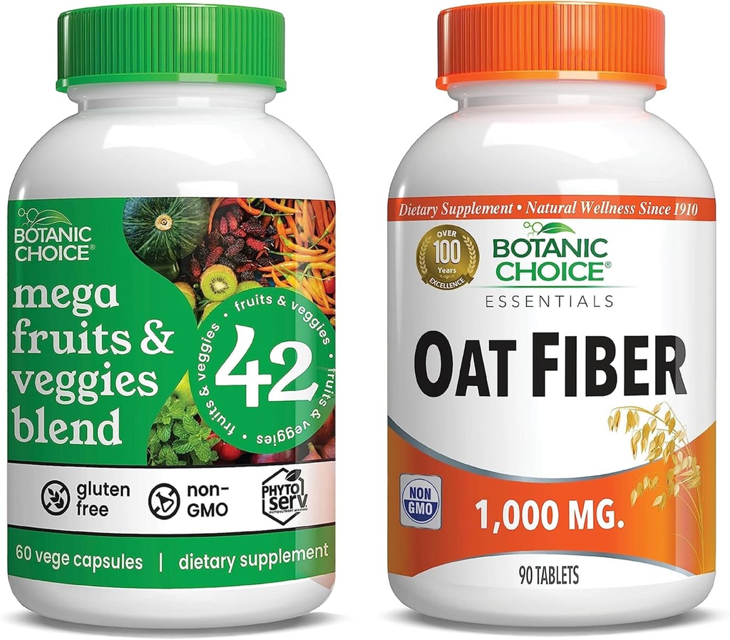 Botanic Choice Mega Fruits and Veggies Blend (60 κάψουλες) + Fiber βρώμης (90 δισκία) Bundle - Energy Balance & Superfood Supplement + Digestive Health Support