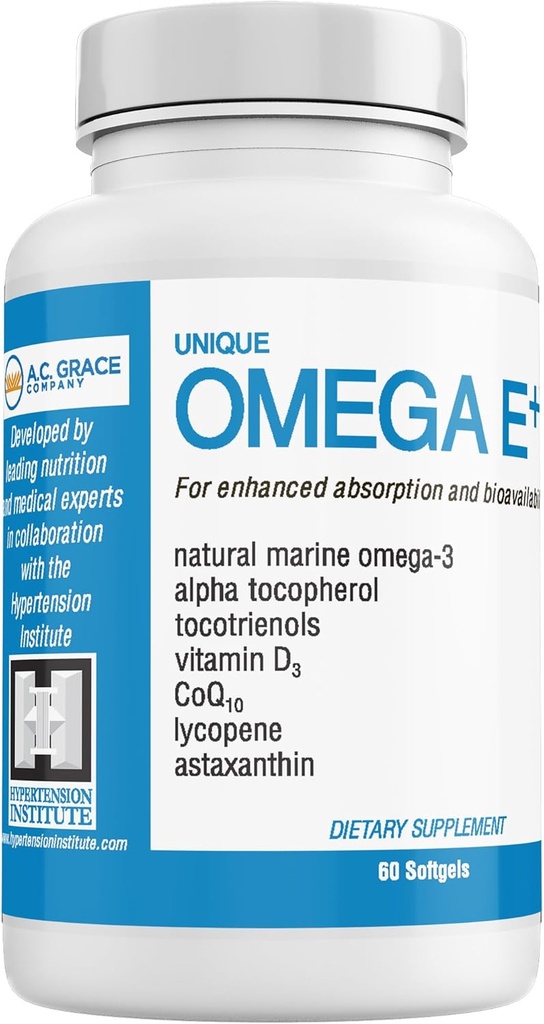 UNIQUE E A.C. Grace Company Omega E+ - Συμπλήρωμα ιχθυελαίου - με θαλάσσια Ω-3 λιπαρά οξέα, βιταμίνη Ε, βιταμίνη D3, και CoQ10 - Βοηθά στην υποστήριξη της καρδιάς, του εγκεφάλου, και της υγείας του δέρματος - 60 Softgels