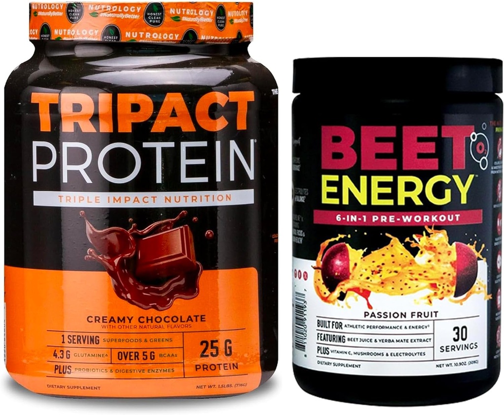 Nutrology Beet Natural O2, Pre Workout Powder, Passion Fruit Flavor (30 μερίδες) TRIPACT Protein Powder, 7-in-1 Replacement Meal Shake, Κρέμα Σοκολάτα Γεύση (20 μερίδες)
