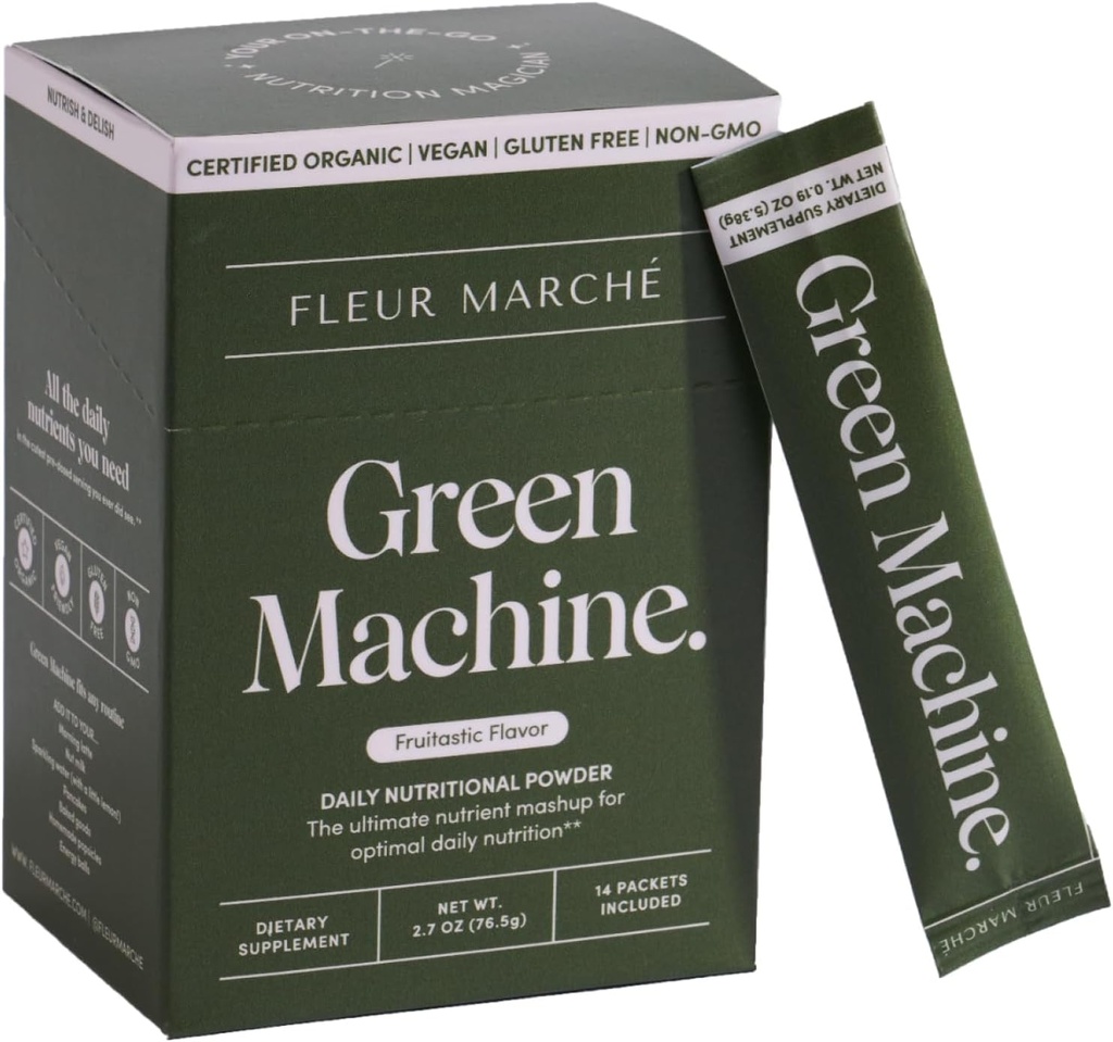 Fleur Marche Green Machine Super Greens Powder Packets - Βιολογικά Πράσινα, Φρούτα και Προβιοτικά - Superfoods for Digestion, Energy, Microbiome Support & Detox - On-The-go Green Juice - 14 Packets