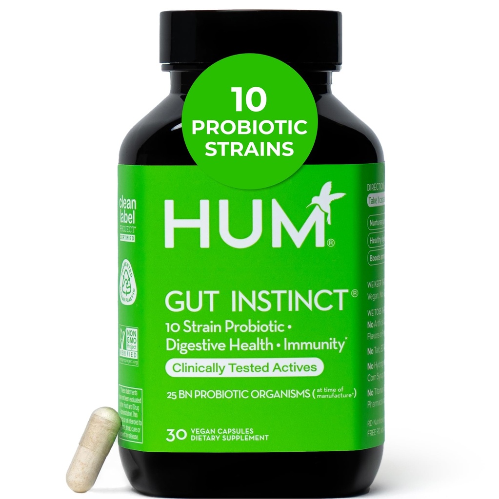 HUM Gut Instinct Daily Probiotics for Women and Men, Digestive Health, Lactobacillus, Bifidobacterium Strains for Immune Support, Probiotic Supplement for Healthy Gut Diversity, 30 Κάψουλες