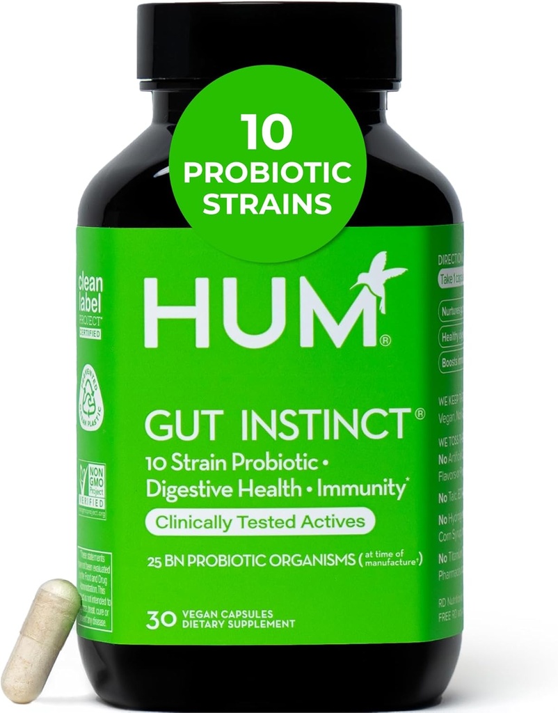 HUM Gut Instinct Daily Probiotics for Women and Men, Digestive Health, Lactobacillus, Bifidobacterium Strains for Immune Support, Probiotic Supplement for Healthy Gut Diversity, 30 Κάψουλες