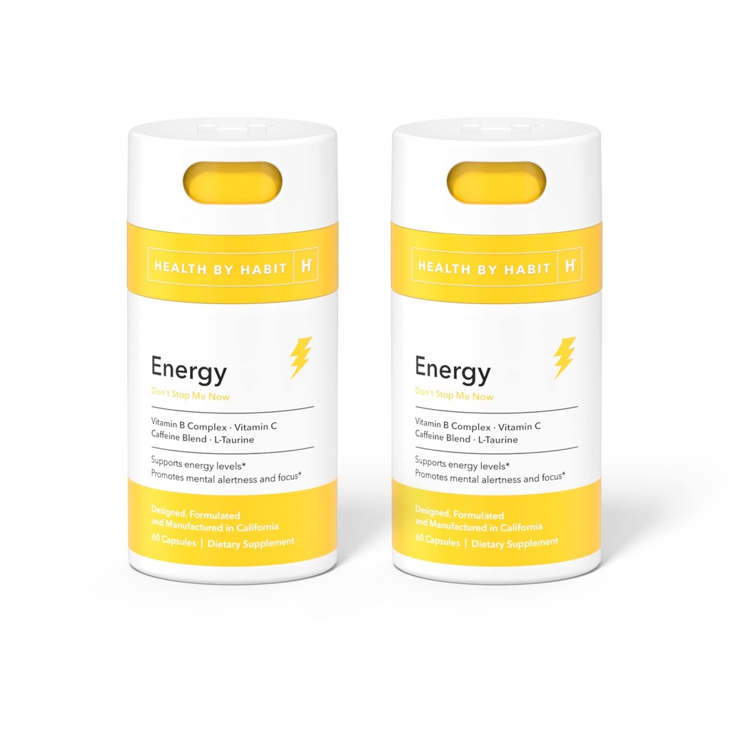 Health by Habit Energy Supplement 2 Pack (120 Κάψουλες) - Natual Caffeine Blend, Βιταμίνες B & C, Υποστηρίζει τα επίπεδα ενέργειας, Προάγει τη διανοητική εγρήγορση και εστίαση, Vegan, Μη ΓΤΟ, Χωρίς ζάχαρη (2 Pack)