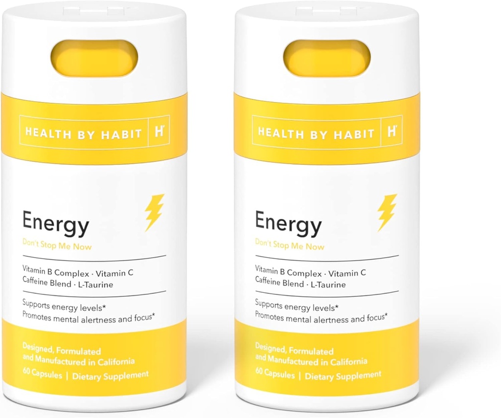 Health by Habit Energy Supplement 2 Pack (120 Κάψουλες) - Natual Caffeine Blend, Βιταμίνες B & C, Υποστηρίζει τα επίπεδα ενέργειας, Προάγει τη διανοητική εγρήγορση και εστίαση, Vegan, Μη ΓΤΟ, Χωρίς ζάχαρη (2 Pack)