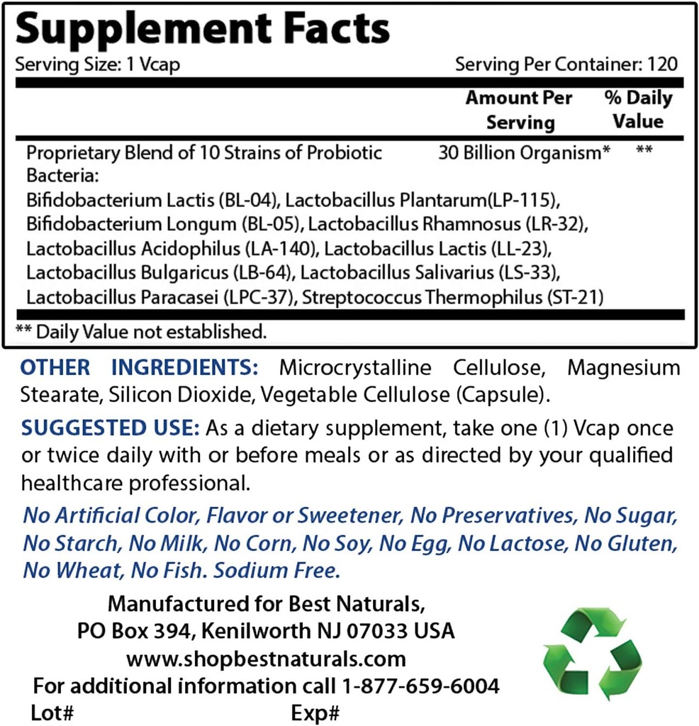 Best Naturals Probiotic 10 Strains & 30 δισεκατομμύρια CFU & οξείδιο του μαγνησίου 500 mg