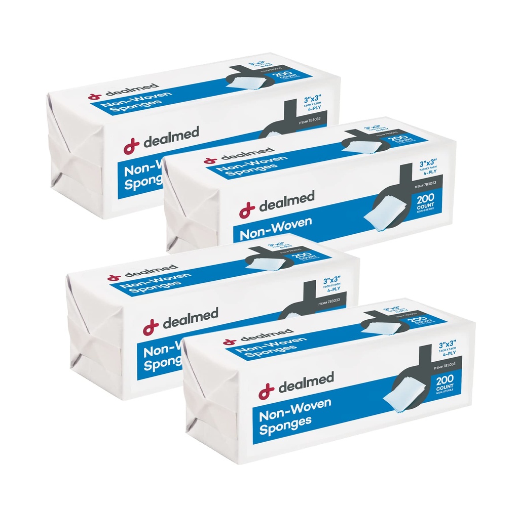 Dealmed 3" x 3" Μη-Woven Gauze Σφουγγάρια (200 Count) 4-Ply All-Purpose Μη-Sterile Απορροφητικό Οδοντιατρικό Gauze Περιποίηση Πλούτων Προϊόν για Πρώτης Βοήθειας Κιτ / Ιατρικές Εγκαταστάσεις (Pack of 4)