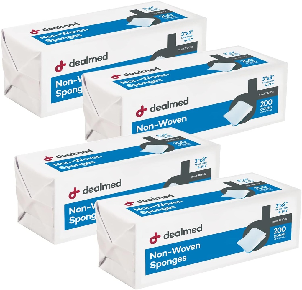 Dealmed 3" x 3" Non-Woven Gauze Sponges (200 Count) 4-Ply All-Purpose Non-Sterile Absorbent Dental Gauze Wound Care Product for First Aid Kit/Medical Facilities (Pack of 4)