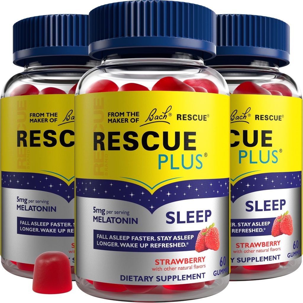 Bach RESCUE PLUS Μελατονίνη Gummys ύπνου, φυσική γεύση φράουλας, βοήθεια ύπνου, συμπλήρωμα διατροφής, Vegan, χωρίς γλουτένη, χωρίς τεχνητά αρώματα, χρώματα ή γλυκαντικά, 3 Pack, 180 Count Σύνολο