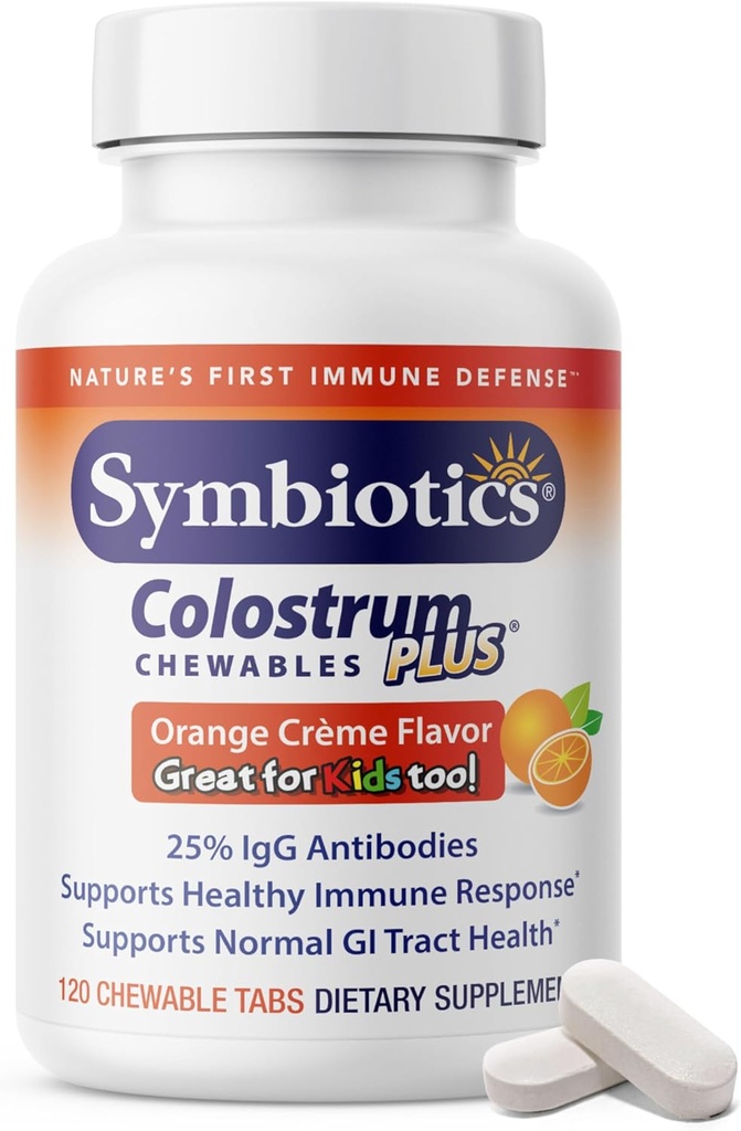 Symbiotics Colostrum 120ct Chewables Plus - Immunity Support for Adult & Kids - Lactoferrin Supplement & Colostrum Protein - Supports Digestion & Gut - 25% lgG Antibodies, Gluten Free - Orange Creme