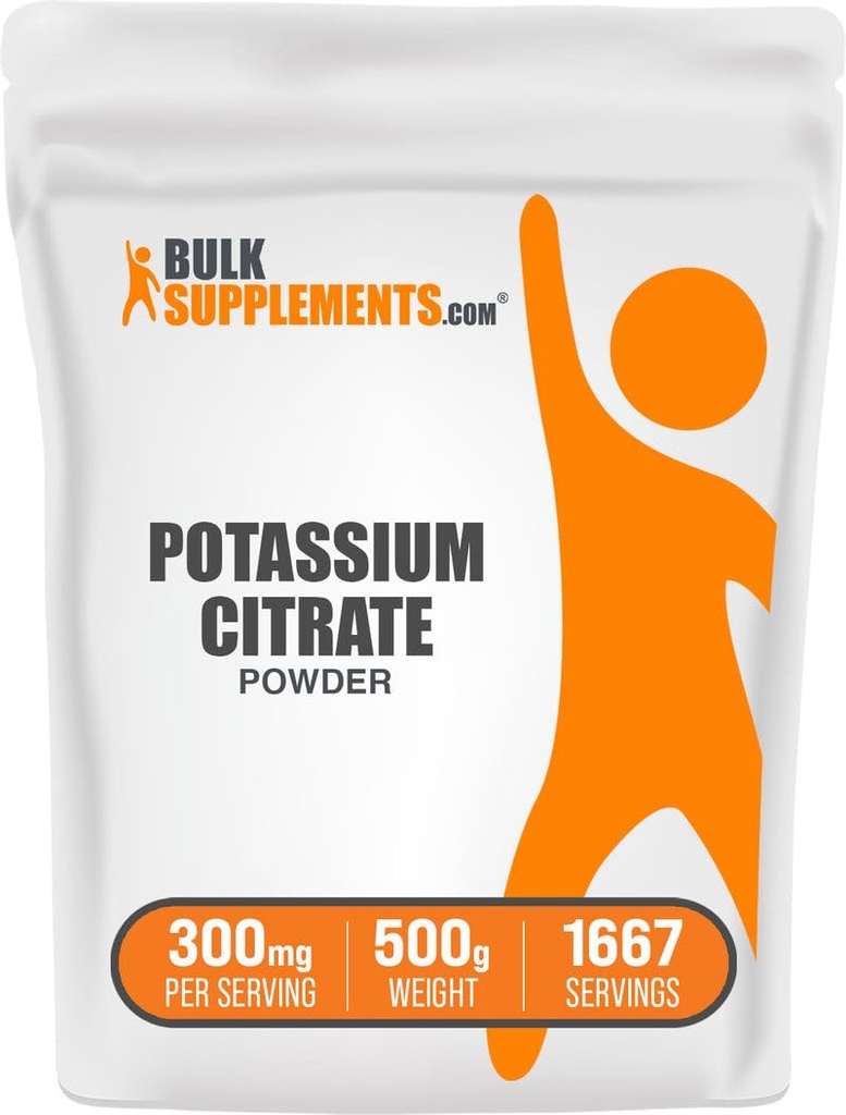 BulkSupplements.com Κιτρικό κάλιο σε σκόνη - για την υποστήριξη της ενυδάτωσης, Συμπλήρωμα Ορυκτού, Κάλιο 99mg - Χωρίς γλουτένη, 300mg ανά σερβίς, 500g (1.1 lbs) (Συσκευασία των 1)