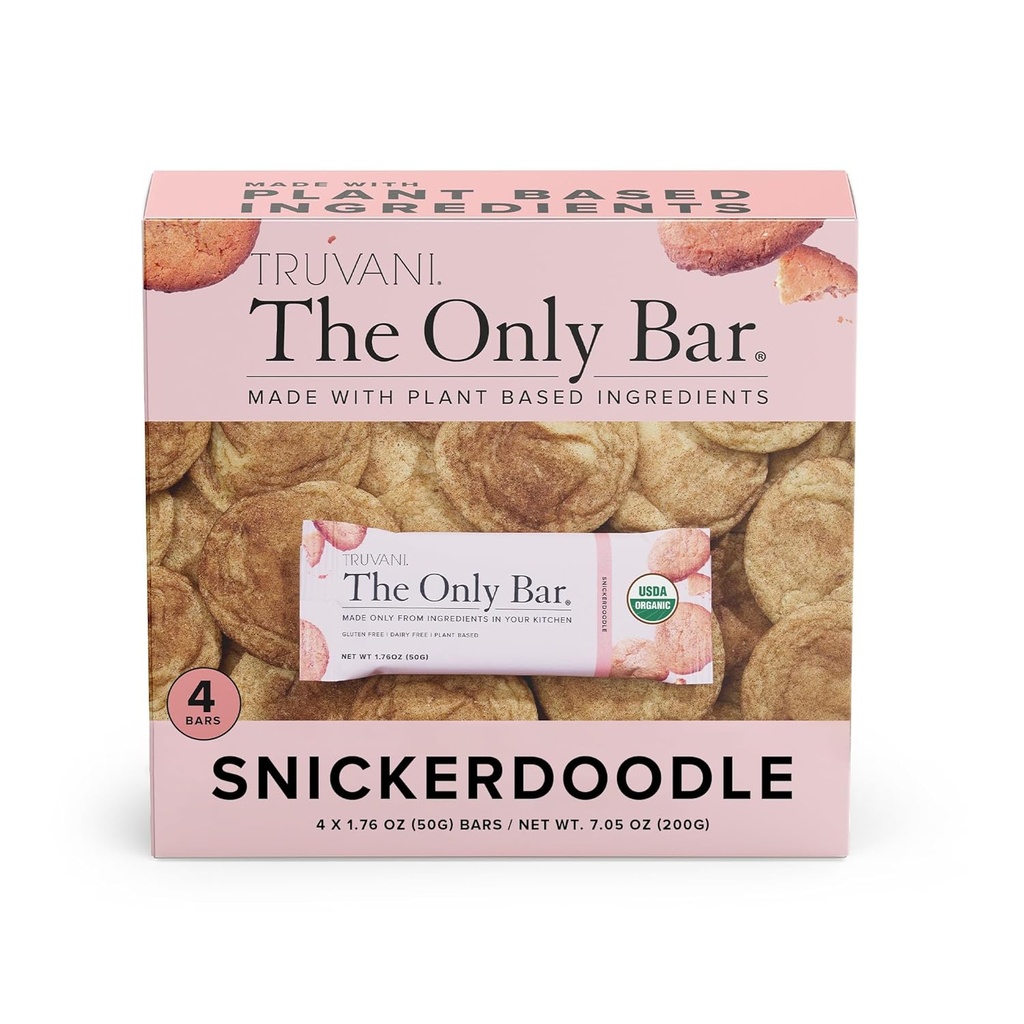 Truvani Plant Based Snack Bars | Snickerdoodle 4 Pack | 5g Protein | USDA Organic and Vegan | The Only Bar | Dairy, Soy, and Gluten Free | Individually Wrapped