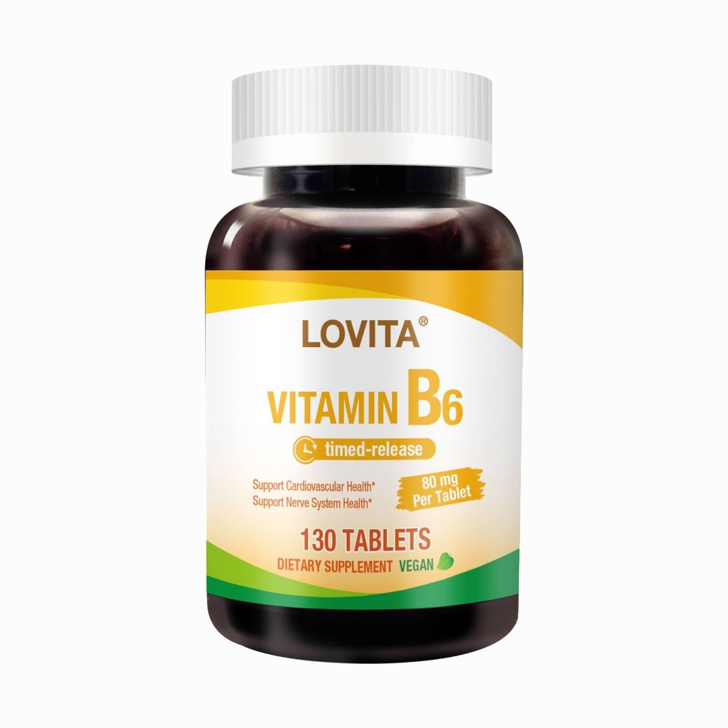 Lovita Vitamin B6 (Υδροχλωρική πυριδοξίνη) 80mg, Χρονική απελευθέρωση, 8 Ώρες Παρατεταμένη, Υποστηρίξτε την Καρδιαγγειακή & Νεύρα Υγεία, 130 Vegan Tablet