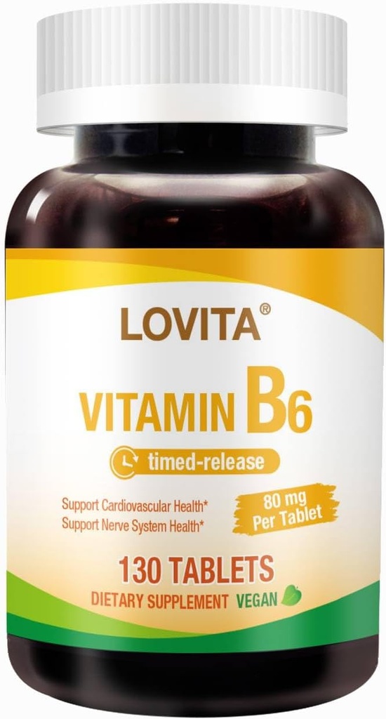 Lovita Vitamin B6 (Pyridoxine Hydrochloride) 80mg, Timed Release, 8 Hours Sustained, Support Cardiovascular & Nerve Health, 130 Vegan Tablet