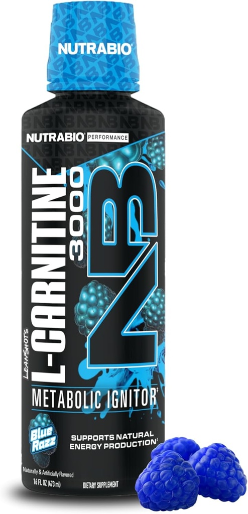 NutraBio – L-Καρνιτίνη Liquid Shots – 3000mg, (Blue Razz) – 10mg βιταμίνης B-5 – Zero Carbs & Sugars – Παραγωγή ενέργειας – Ανάκτηση μυών