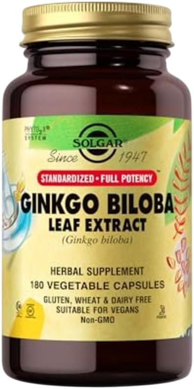 Solgar Ginkgo Biloba Leaf Extract - 180 κάψουλες λαχανικών - Standardized Full Potency (SFP) - Μη ΓΤΟ, Vegan, Χωρίς γλουτένη, Γαλακτοκομικά, Kosher, Hanal - 180 Υπηρεσίες