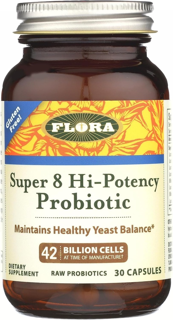 Flora Super 8 Hi Potency Probiotics 30 Count - Healthy Yeast Balance & Digestive Health - for Men & Women - 42 Billion CFU, Raw, Gluten Free - Up to 1 Month Supply