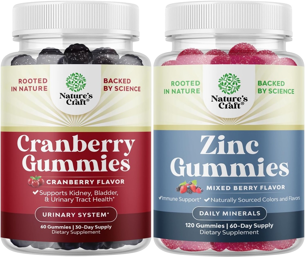 Bundle of Natural Cranberry Gummies for Women and Men and Extra Strength Zinc for Adults - Extra Strength Delicious Antioxidant Cranberry Chews - Chewable Zinc Citrate 50mg Immunity