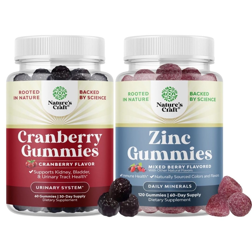 Bundle of Natural Cranberry Gummies for Women and Men and Extra Strength Zinc for Adults - Extra Strength Delicious Antioxidant Cranberry Chews - Chewable Zinc Citrate 50mg Immunity
