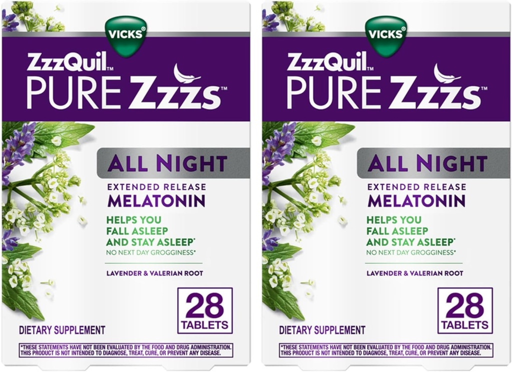 ZzzQuil PURE Zzzs All Night Extended Release, Melatonin Sleep Aid Tablets, Helps You Stay Asleep Longer, Sleep Aid for Adults, 2 mg per tablet, 56 Total Tablets (2 Packs of 28)