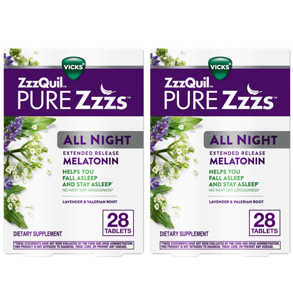 ZzzQuil Pure Zzzs All Night Extended Release, δισκία μελατονίνης Sleep Aid, Helps You Stay Asleep Longer, Sleep Aid for Adults, 2 mg ανά δισκίο, 56 Total Tablets (2 συσκευασίες των 28)