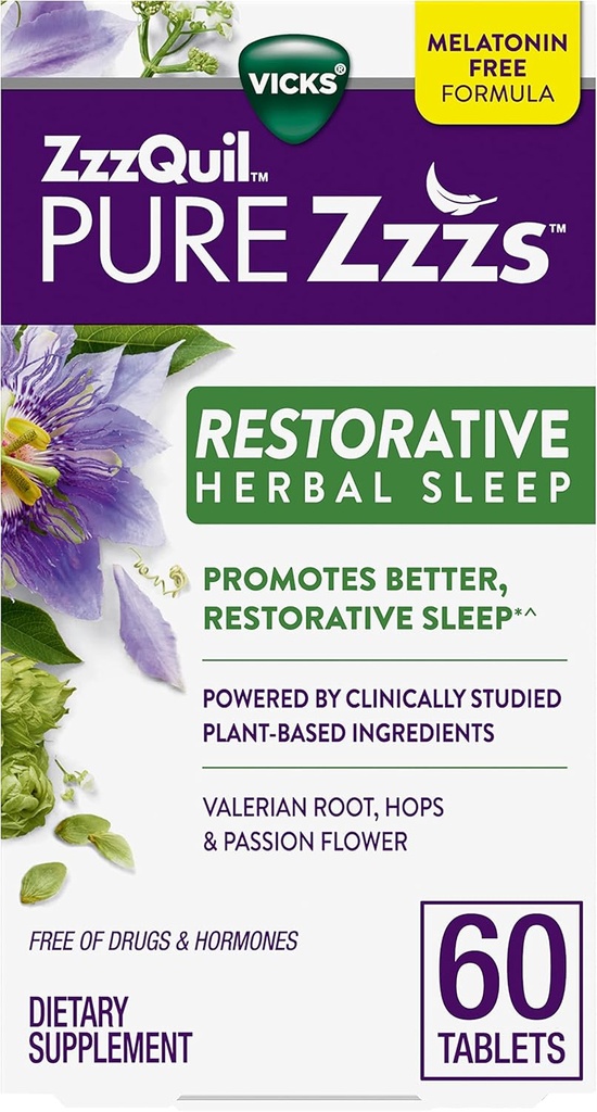 ZzzQuil PURE Zzzs Αποκατάσταση του φυτικού ύπνου, δισκία, χωρίς φάρμακα και ορμόνες, Melatonin-free Formula, Valerian Root, λυκίσκος, πάθος λουλούδι, Βοηθήματα ύπνου για ενήλικες, 60 κόμης