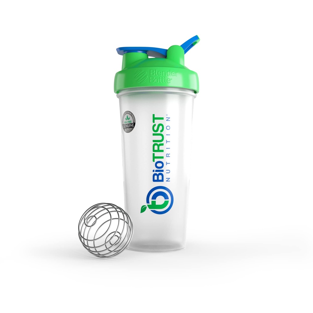 BioTrust BlenderBottle Classic Shaker Bottle, 28-Ounce with loop, Clear/Green