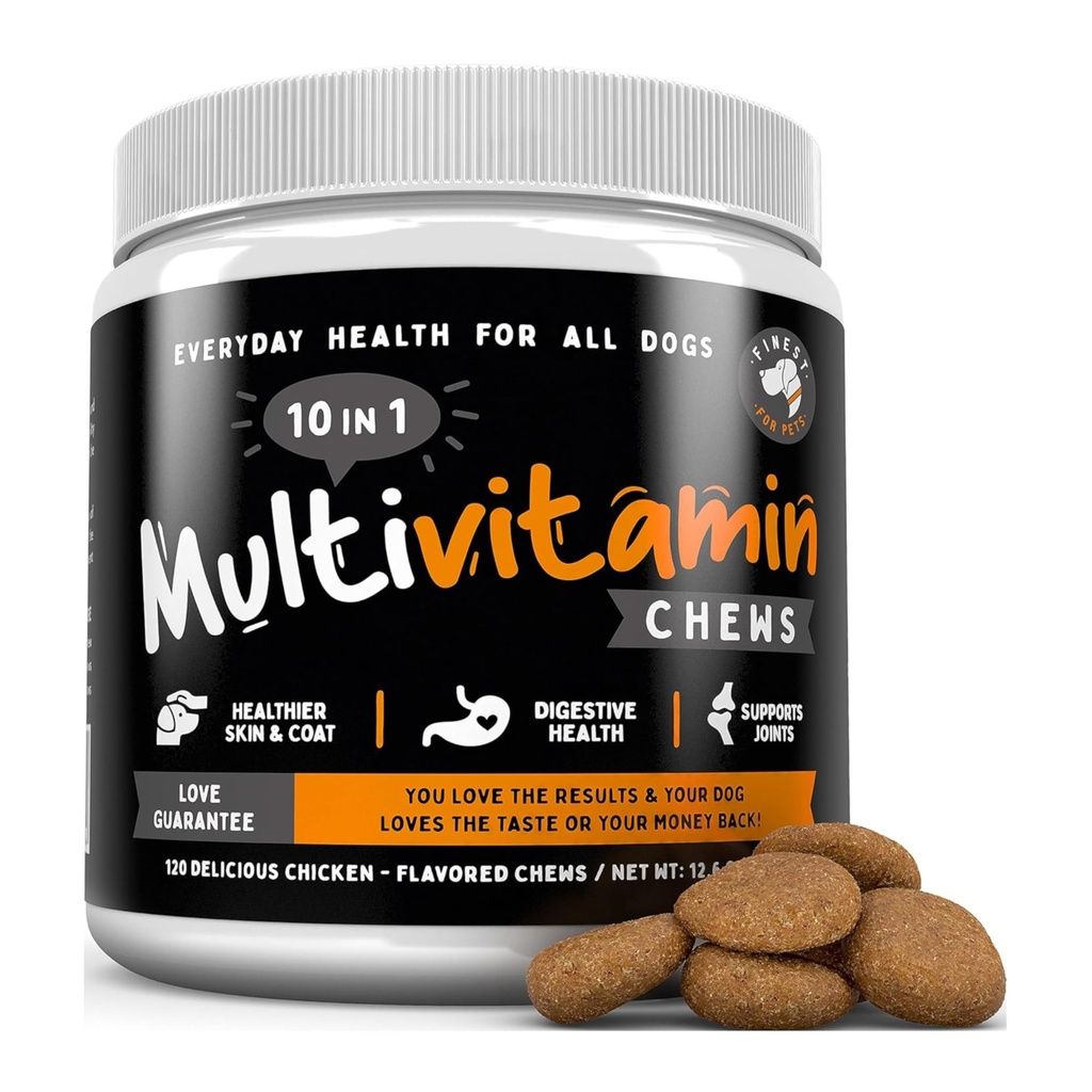 Πρόστιμο για κατοικίδια Multivitamin Dog Συμπλήρωμα – 10 σε 1 με Omega Fish Oil & Glucosamine για βελτιωμένη κοινή & δερματική υποστήριξη, κόκκαλο, πέψη & ανοσοποιητική καθημερινή υγεία (120 μασώμενα θεραπείες)