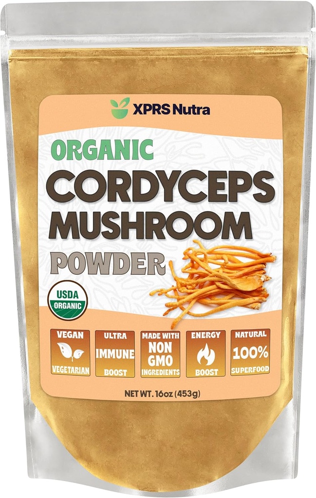 XPRS Nutra Organic Cordyceps Mushroom Powder - Premium Cordyceps Μανιτάρια - Real Mushrooms Cordyceps Συμπλήρωμα σκόνης για την ενέργεια και την ανοσοποιητική υποστήριξη - Vegan-Friendly Mushroom Cordyceps (16 oz)