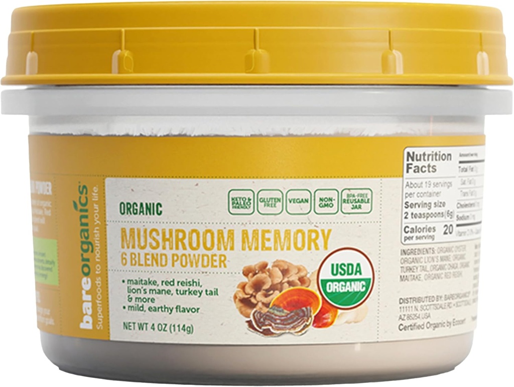 BareOrganics Mushroom Memory Blend Powder – Βιολογικό συμπλήρωμα μανιταριών με Mane, Reishi, Maitake & Turkey Tail, Vegan Adaptogenic Powder - 4 oz