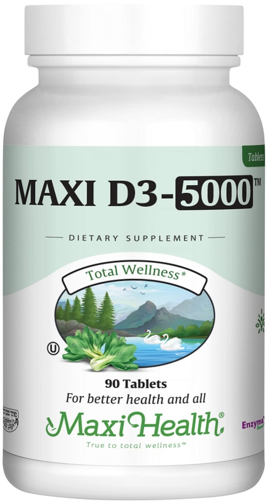 Maxi Health Βιταμίνη D3 5000 IU (125 mcg) - Υψηλή δόση Βιταμίνη D 5000 IU - Υγιή οστά, δόντια, ανοσοποιητική υποστήριξη - Kosher Pure High Potency Vit D3 (90 δισκία)