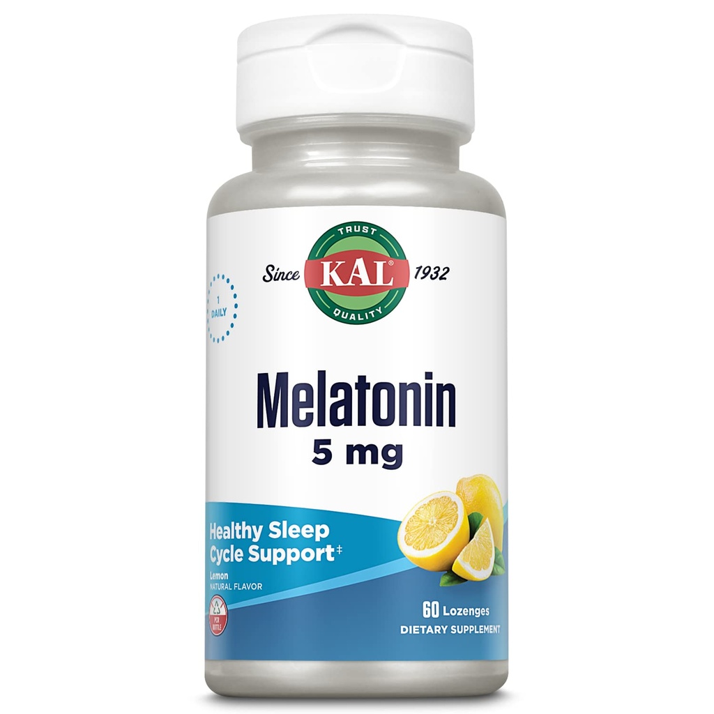 KAL Μελατονίνη 5mg Sleep Aid Lozenges, Συμπλήρωμα μελατονίνης Υποστηρίζει την ποιότητα του ύπνου, την ηρεμία χαλάρωση και έναν υγιή κύκλο ύπνου, με προστιθέμενη βιταμίνη Β6, χορτοφάγους, φυσικό άρωμα λεμόνι, 60 Lozenges