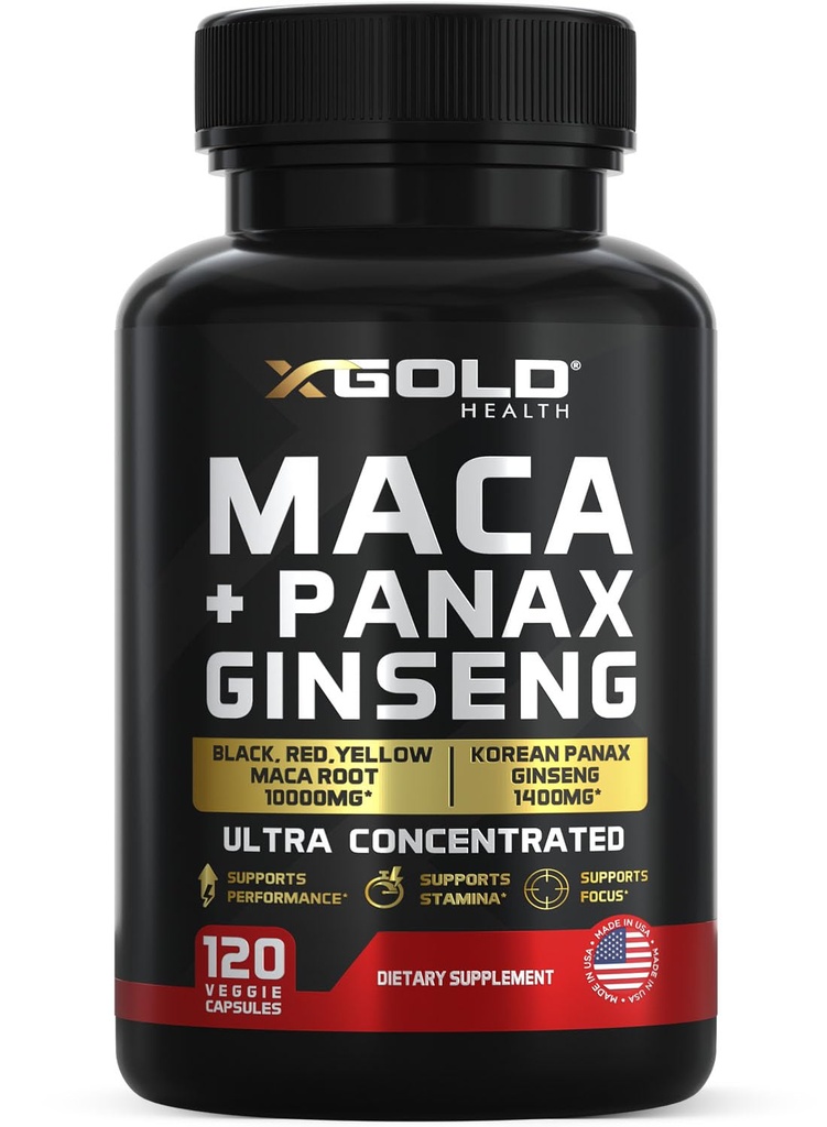Maca Root Capsules 20:1 Extract + Korean Panax Ginseng10:1 Extract - 20x Concentrated Black + Red + Yellow Maca Root, 10x Concentrated Panax Ginseng Capsules - Ultra Potent & Highly Purified