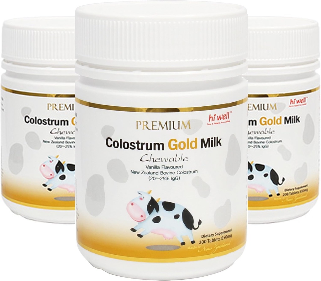 Hi Well Premium New Zealand Bovine Colostrum Gold Milk 200 Μασώμενα δισκία Ανοσοσφαιρίνη G (Igg) 20~25% (Pack of 3)