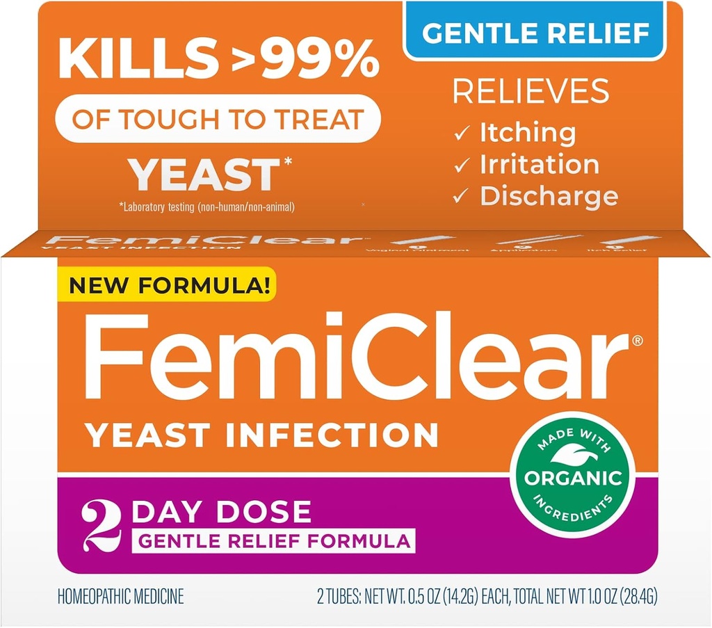 FemiClear Gentle Relief Formula 2 Ημέρα Θεραπεία Μόλυνσης, Απαλή Φόρμουλα για Περισσότερα Ευαίσθητα Πρόσωπα, Όλα-Φυσικά Συστατικά Αλοιφή + Εξωτερική Αλοιφή Αρωματισμού, Προϊόντα Γυναικείου Φροντίδας