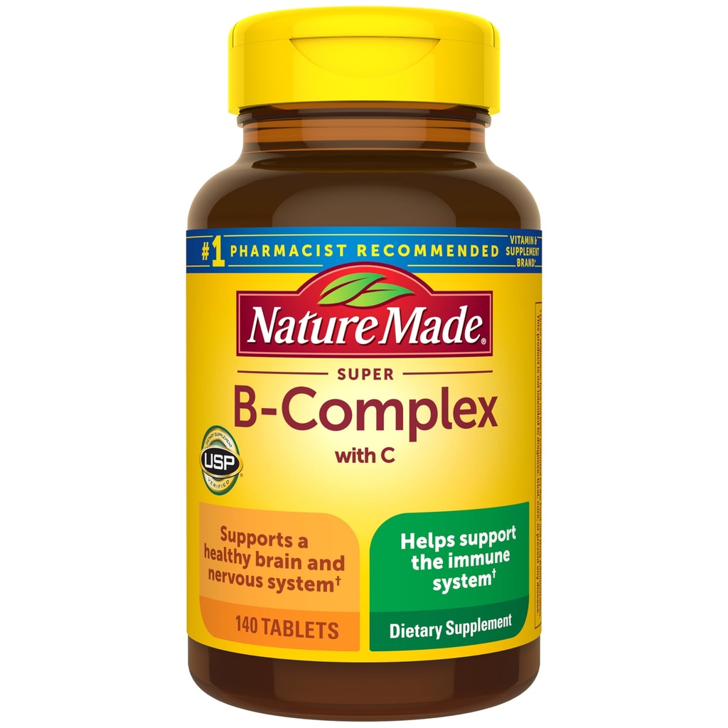 Nature Made Super B Complex with Vitamin C & Follic Acid, B Complex Vitamins for Women and Men, Συμπλήρωμα διατροφής για την υποστήριξη του ανοσοποιητικού, 140 δισκία, 140 Day Supply